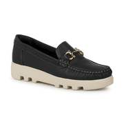 Rio de Luz - Mocassim feminino em couro legítimo preto com sola tratorada off-white e fivela dourada
